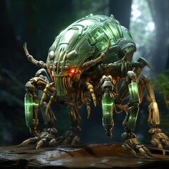 green robot bug in the forest