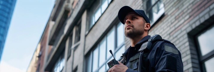 An individual holding a walkie-talkie is standing on an urban city street with blurred face