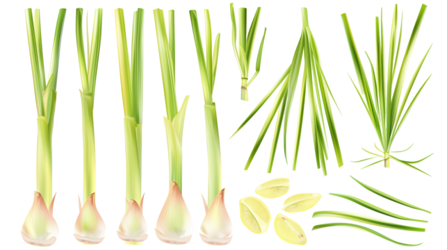 Set of lemon grass elements, showing tall stalks and leaf blades, widely used in Asian cooking and herbal teas