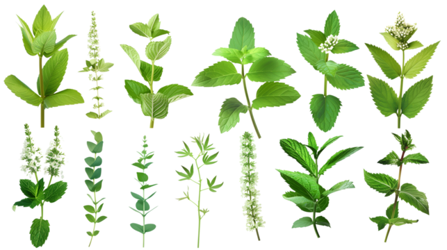 Set of mint elements, with vibrant green leaves, delicate flowers, and stem sections, used in both culinary and medicinal applications,