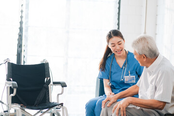 Obraz premium nursing home assistance in health insurance business concept, asian woman doctor or nurse caregiver support health care to elderly senior patient person, caretaker in medicals care recovery service