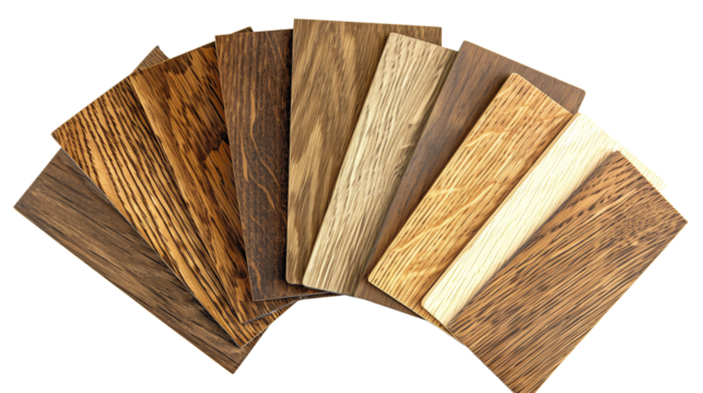 Set of oak wood samples, showcasing the grain patterns from classic golden to dark stained oak, ideal for furniture and flooring,