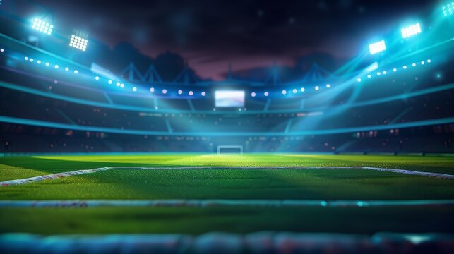 Nighttime sports backdrop Stadium for football and cricket with a blurred 3D lighting background. Generative Ai.