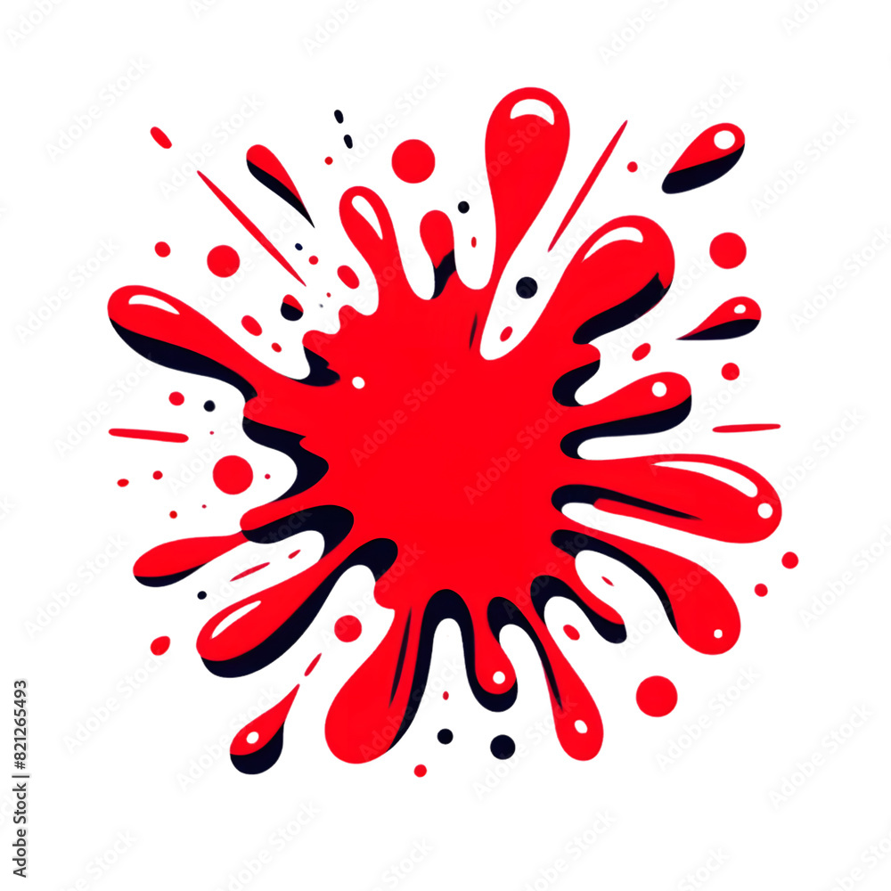 Poster a red ink splatter on a transparent background. the splatter have irregular edges and multiple dropl