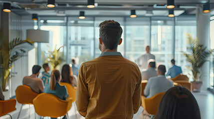 Fototapeta premium Employees who attend training or business seminars of the organization Professional business coaches speak for diverse nationalities in a spacious, modern interior office. diverse audience back view f