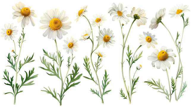 Set of chamomile flowers, featuring daisy-like white and yellow flowers known for their soothing tea benefits