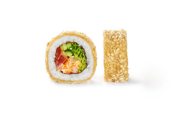 Tempura roll with prawn, tobiko, tomatoes, cucumber and lettuce
