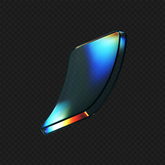 3d deform glass crystal liquid figure with rainbow reflection light isolated on dark background. Transparent flying 3d curvy glass square shapes or button with hologram gradient. 3d vector figure