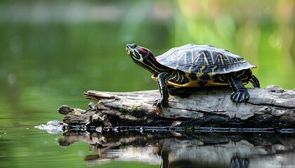 Fototapeta premium Turtle on a Log by the Water