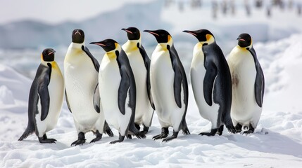 Fototapeta premium Group of penguins huddled on an icy landscape, with snowcovered terrain and icy waters, representing wildlife in an Antarctic habitat, isolated on a white background