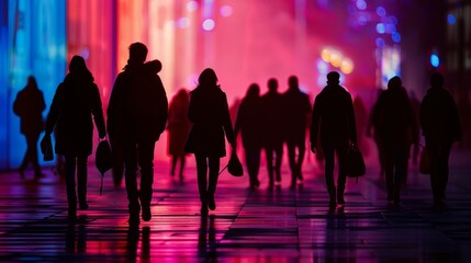 Silhouette of a group of people walking in the city at night