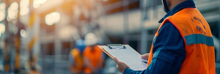 A site supervisor reviews plans on a clipboard backdropped by active construction work