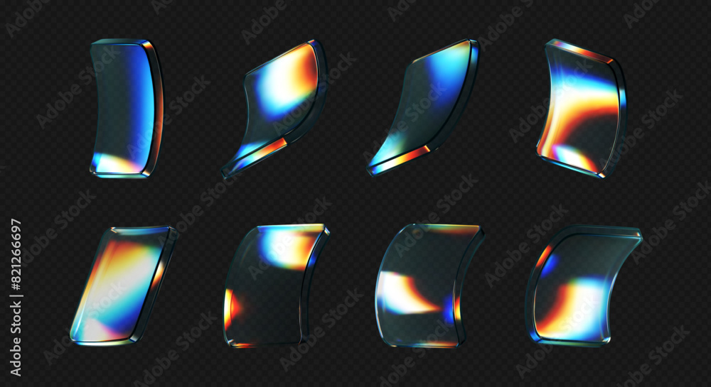 Wall mural 3d deform glass crystal liquid figure set with rainbow reflection light isolated on dark background.