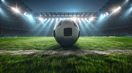 Naklejka premium Soccer Ball in a Stadium with Lights. A classic black and white soccer ball on green grass in the center of a stadium, illuminated by spotlights