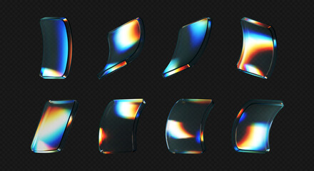 3d deform glass crystal liquid figure set with rainbow reflection light isolated on dark background. Transparent flying 3d curvy glass square shapes or button with hologram gradient. 3d vector figure