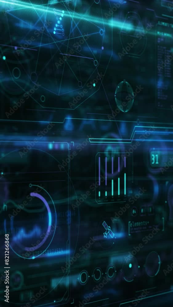 Poster moving infographic data in virtual digital space.