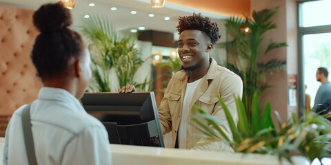 A friendly hotel receptionist engages in conversation with a male guest at the reception desk in a welcoming hotel lobby