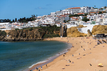 Praia do Peneco beach, Albufeira, Algarve, Portugal. Praia dos Pescadores beach. Fishermen, sunny...