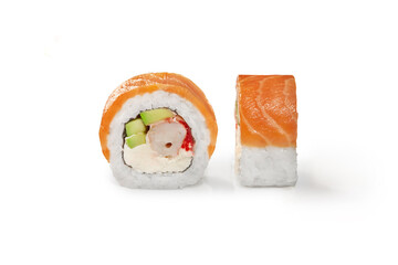 Salmon sushi roll with shrimp, cream cheese, tobiko and avocado