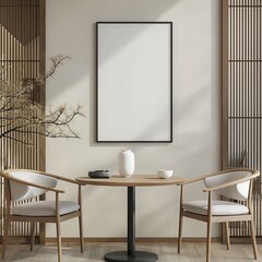 Modern hanok style home interior with frame mockup, tea table and chairs