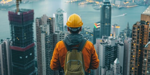 A worker in a yellow hard hat and orange jacket stands with a backpack, gazing out over a dense urban skyline from a high vantage point
