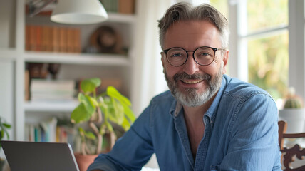 middle-aged guy with eyeglasses and blue shirt, working on a laptop