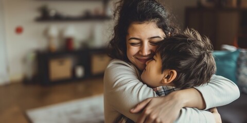A smiling mother embraces her son tightly in a comforting and loving hug at home