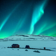 Aurora borealis Northern lights in night winter sky. Red wooden cabin on winter valley. Sky with...
