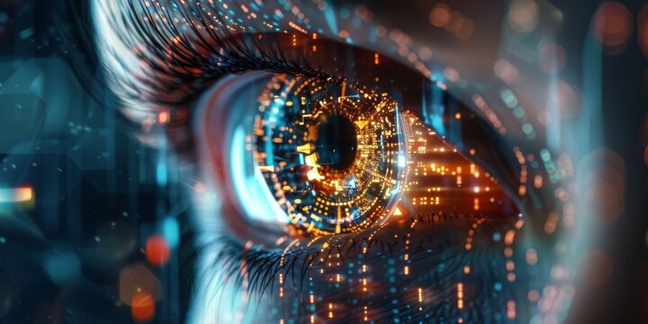 eye of futuristic and Innovative Imagery AI and Automation use of artificial intelligence and automation in business processes, illustrating efficiency and productivity enhancements