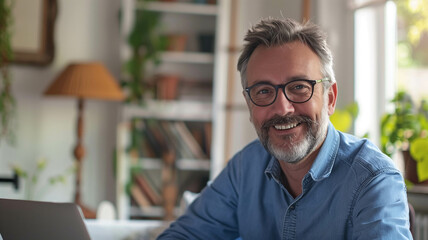 middle-aged guy with eyeglasses and blue shirt, working on a laptop