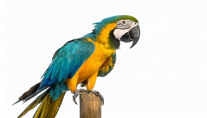 Blue and Yellow Macaw, Ara Ararauna, perched on pole in front of white background. AI generated