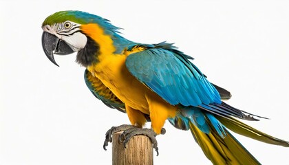 Blue and Yellow Macaw, Ara Ararauna, perched on pole in front of white background. AI generated