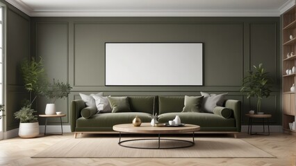 living room interior with wooden coffee table, Beautiful olive green sofa