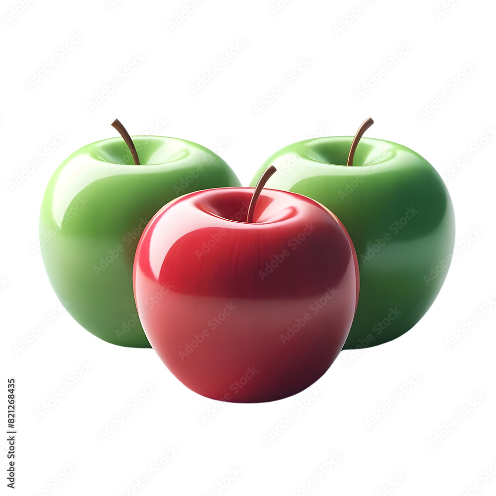 Poster three apples on a transparent background, with no shadows for a cleaner look. include one red apple 