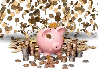 Coins rained on piggy bank, money concept