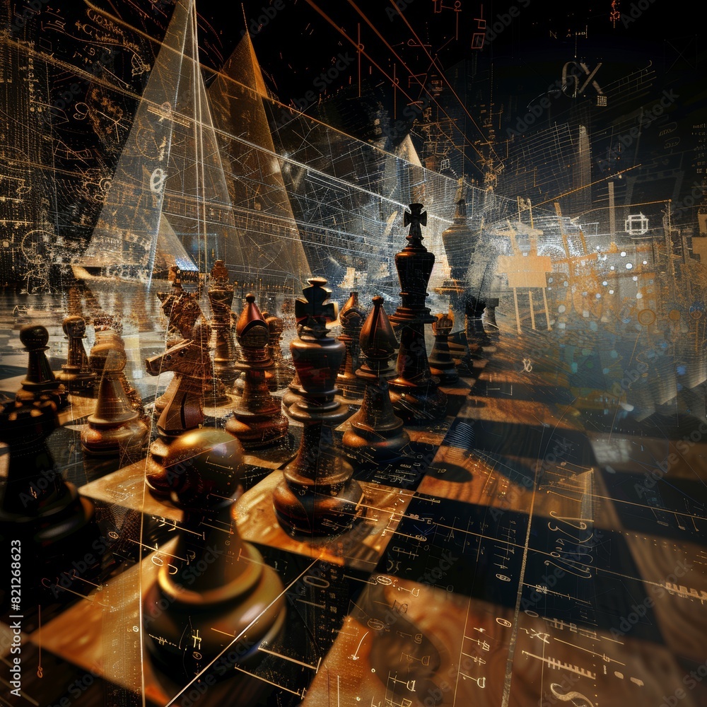 Poster abstract conceptual art of chessboard with mathematical equations representing strategy and educatio