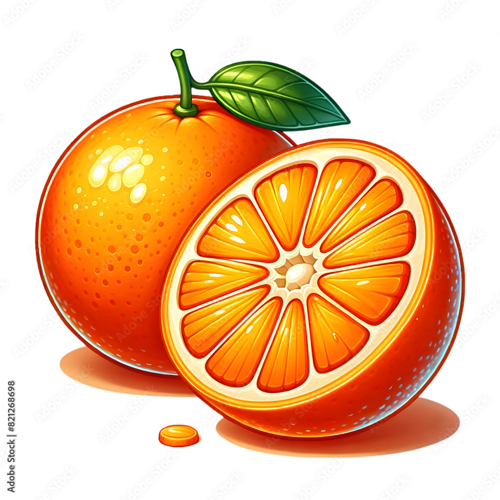 Poster Two oranges, one whole and one cut in half on a transparent background, showing a detailed cross-section with neatly arranged segments