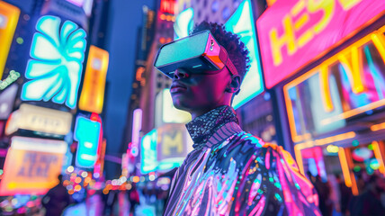 Portrait of young man wearing VR glasses under neon light , futuristic neon studio .