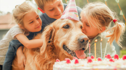 Cute dog with his family and happy birthday cake , pet and human relationship concept .