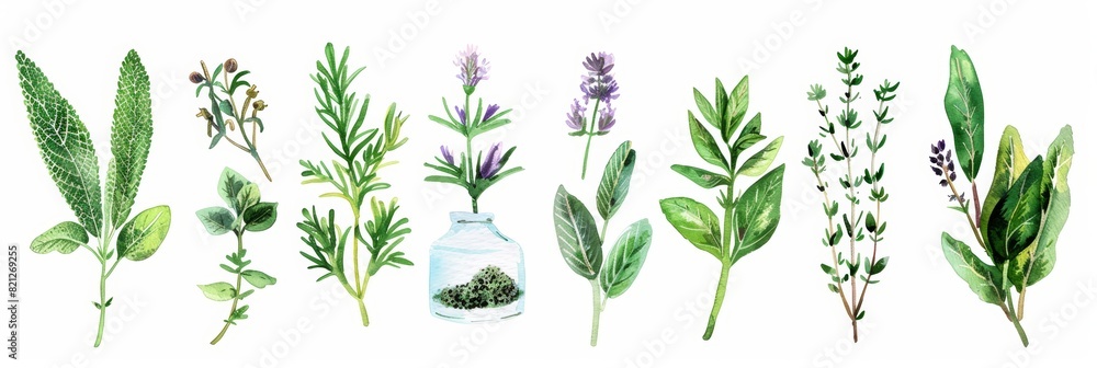Wall mural vibrant watercolor herbs on white background for cooking inspiration generative ai - Wall murals