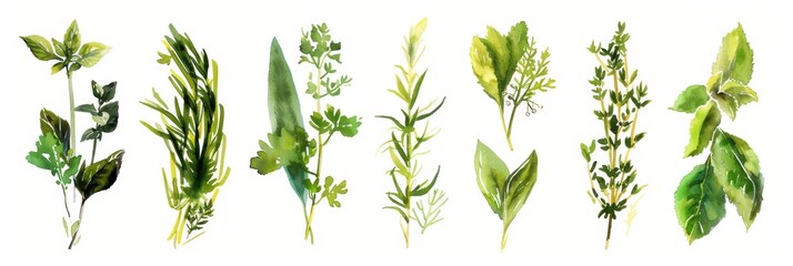 Vibrant Watercolor Herbs on White Background for Cooking Inspiration Generative AI