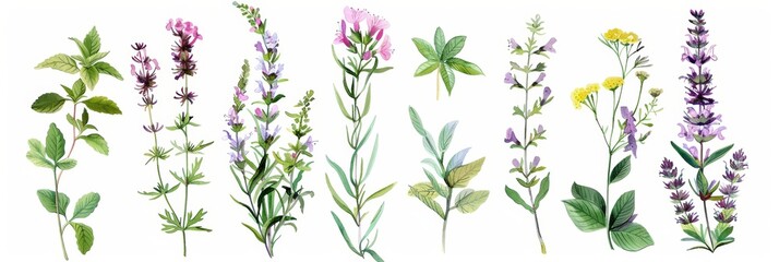 Whimsical Watercolor Herbs and Wildflowers on White Background Generative AI