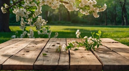 Spring beautiful background with green lush young foliage and flowering branches with an empty wooden table