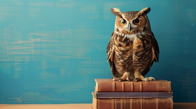A wise owl perched atop a stack of books, symbolizing knowledge, wisdom, and the pursuit of education. The image evokes themes of learning, study, and intellectual growth.