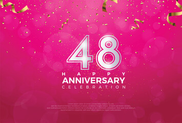 48th Anniversary celebration, 48 Anniversary celebration, Realistic 3d sign, stars, Pink background, festive illustration, Silver number 48 sparkling confetti, 48,49
