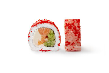 California sushi roll with salmon coated with red tobiko