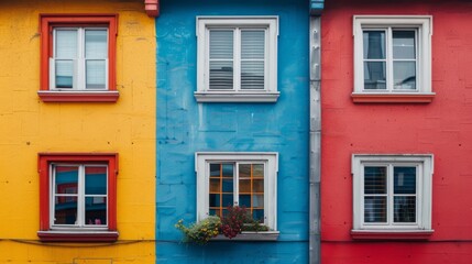 details of the facades of the houses, showing the bright colors and unique architectural details generative ai