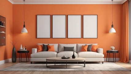 elegant interior design, modern living room with blank frame mockup on orange background