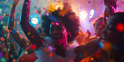 Vibrant party atmosphere captured with a person dancing, confetti flying, and colorful lights in the background