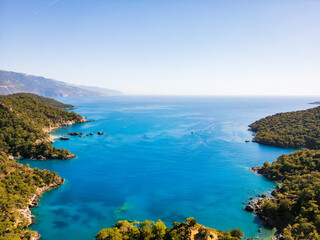 Fethiye Mediterranean sea and beach aerial drone view in Turkey. 